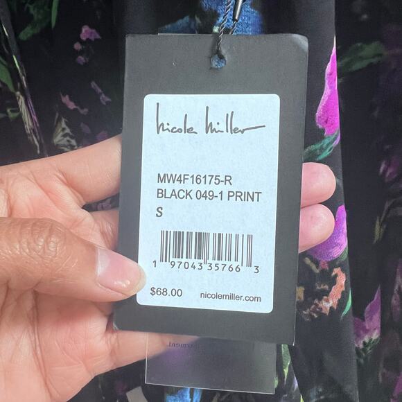 Nicole Miller Floral Printed V-Neck Sheer Puff Sleeve Black Purple Career Top - Picture 4 of 9